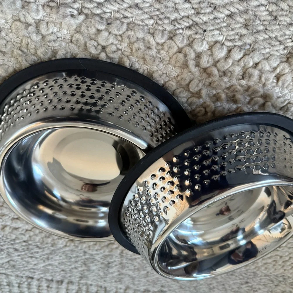 Premium Stainless Steel Dog Bowls with Non-Slip Black Base hammered set of 2